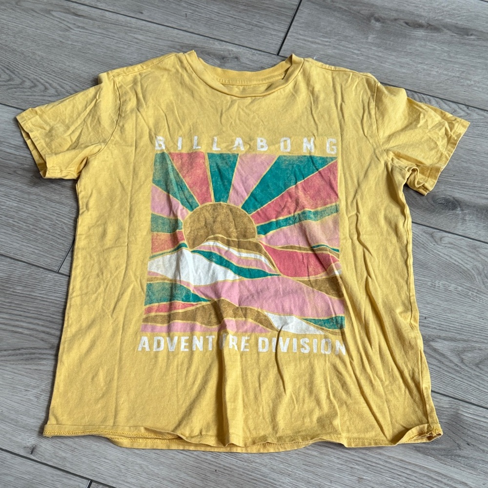Billabong Yellow Sunset Graphic Tee with Pink & Teal Accents